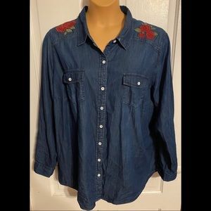 Torrid Denim Rose Embroidered Top